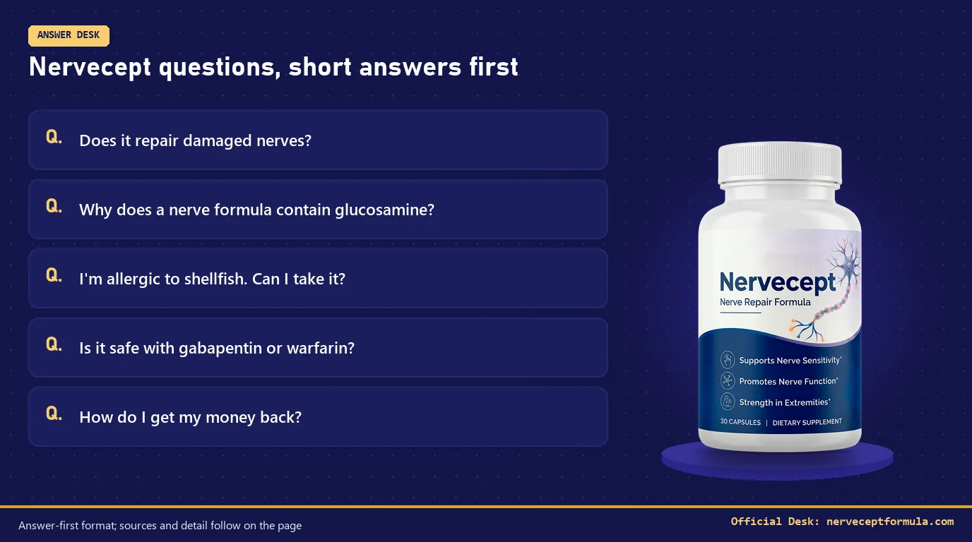 Nervecept bottle beside five common questions buyers ask