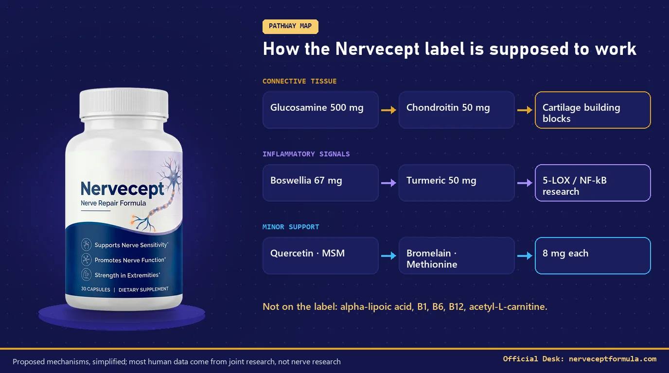 Pathway map of Nervecept ingredients grouped into connective tissue, inflammatory and minor support lanes