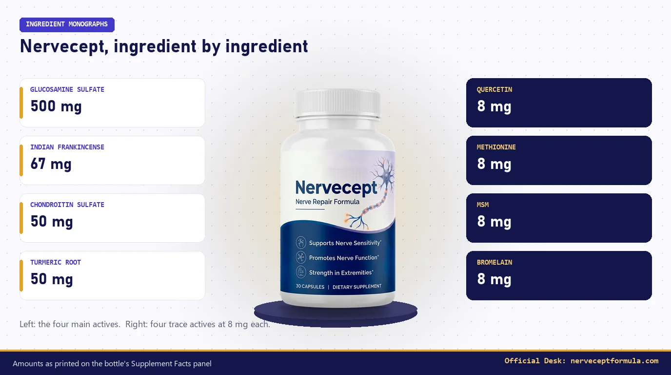 Nervecept bottle flanked by its eight label ingredients and milligram amounts