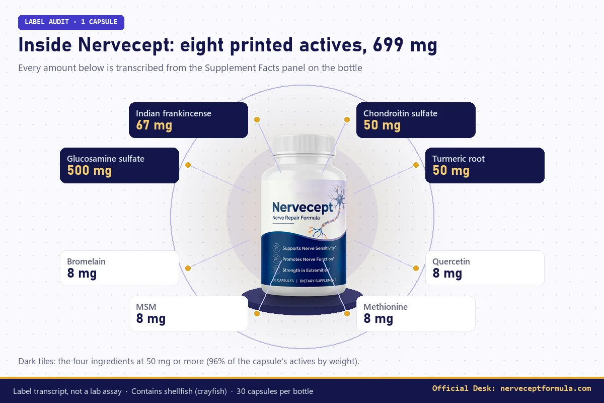 Radial infographic of the eight Nervecept ingredients and their milligram amounts around the bottle