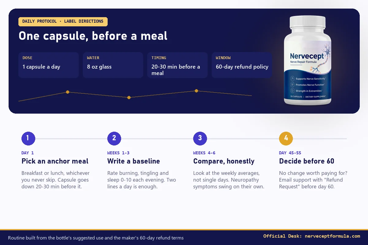 Nervecept daily protocol: one capsule with 8 oz water before a meal, plus a four-step timeline to day 60