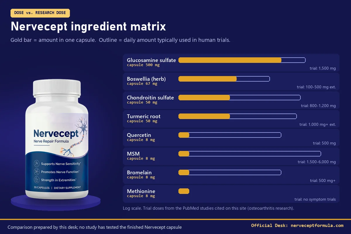 Bar chart comparing Nervecept's per-capsule doses with daily doses used in human trials