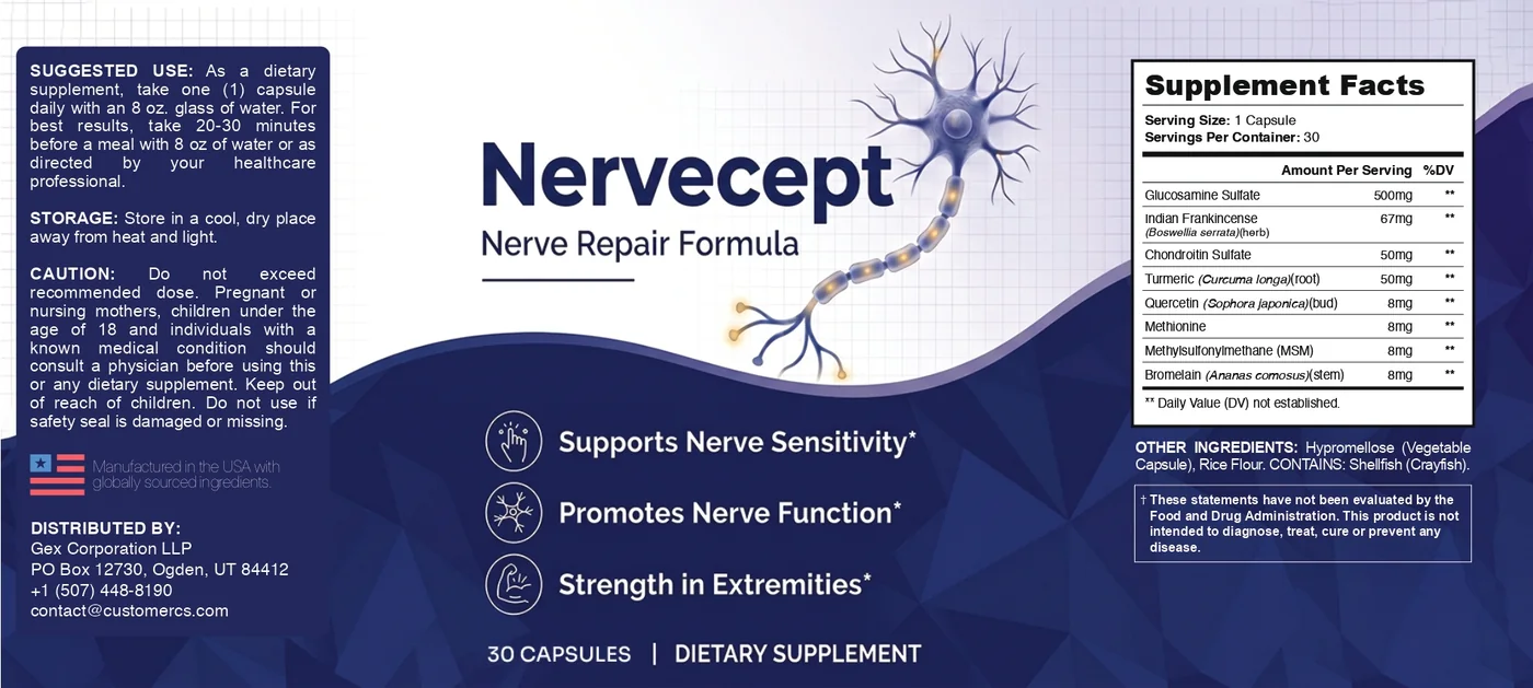 Full Nervecept label wrap showing suggested use, caution, front panel and Supplement Facts