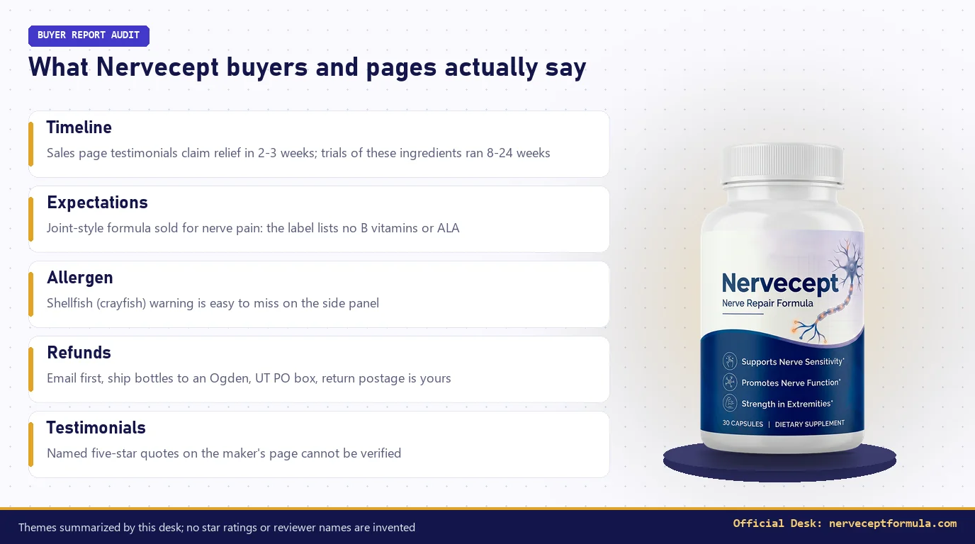 Nervecept bottle beside five buyer-report themes: timeline, expectations, allergen, refunds, testimonials